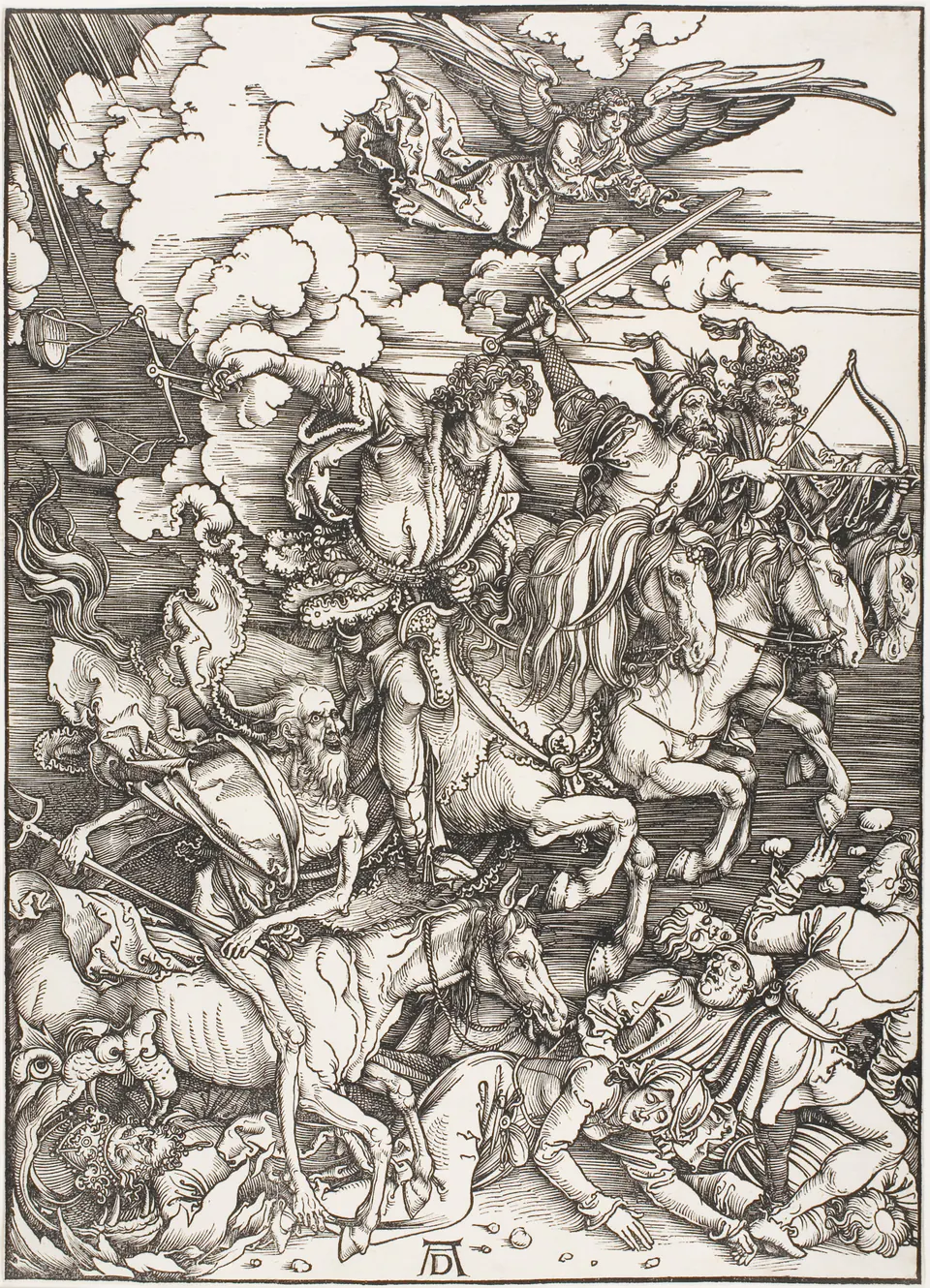 Four armed riders charging through a compressed crowd in Dürer’s Apocalypse woodcut