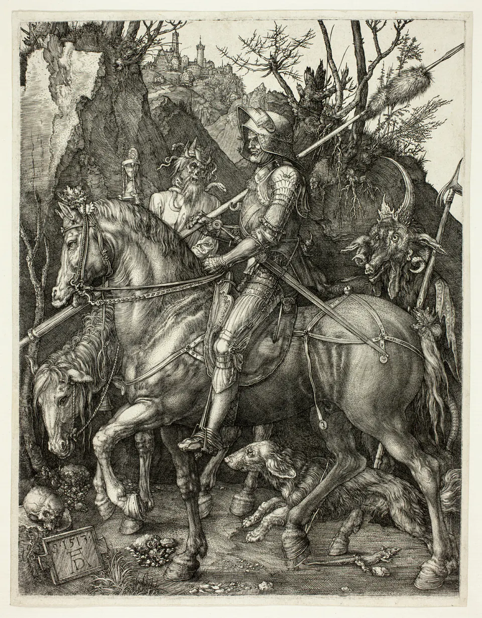 An armoured knight riding through a rocky pass beside Death and a horned devil in a Dürer engraving