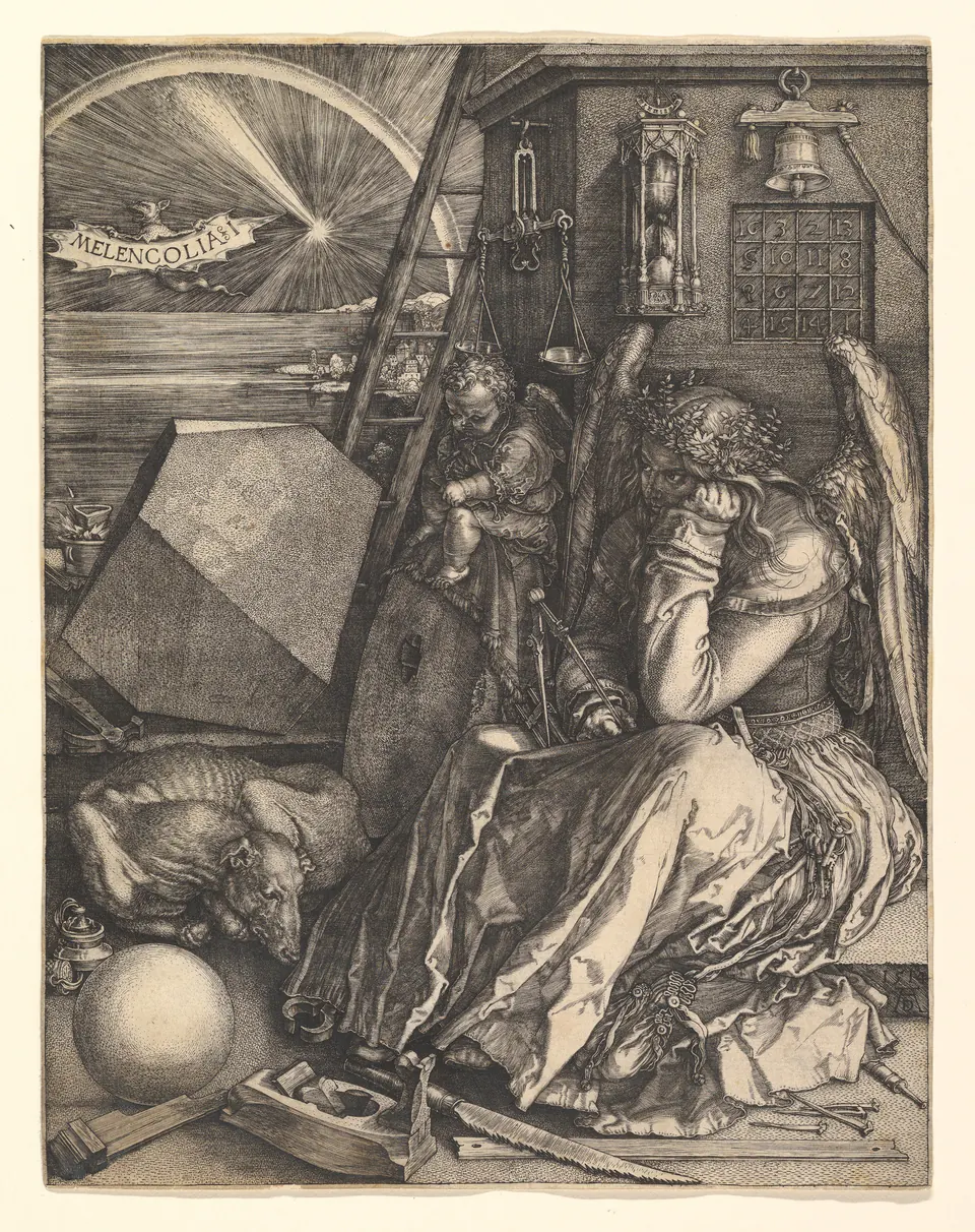 A Met impression of Dürer’s Melencolia I with a winged figure seated among tools and geometric forms