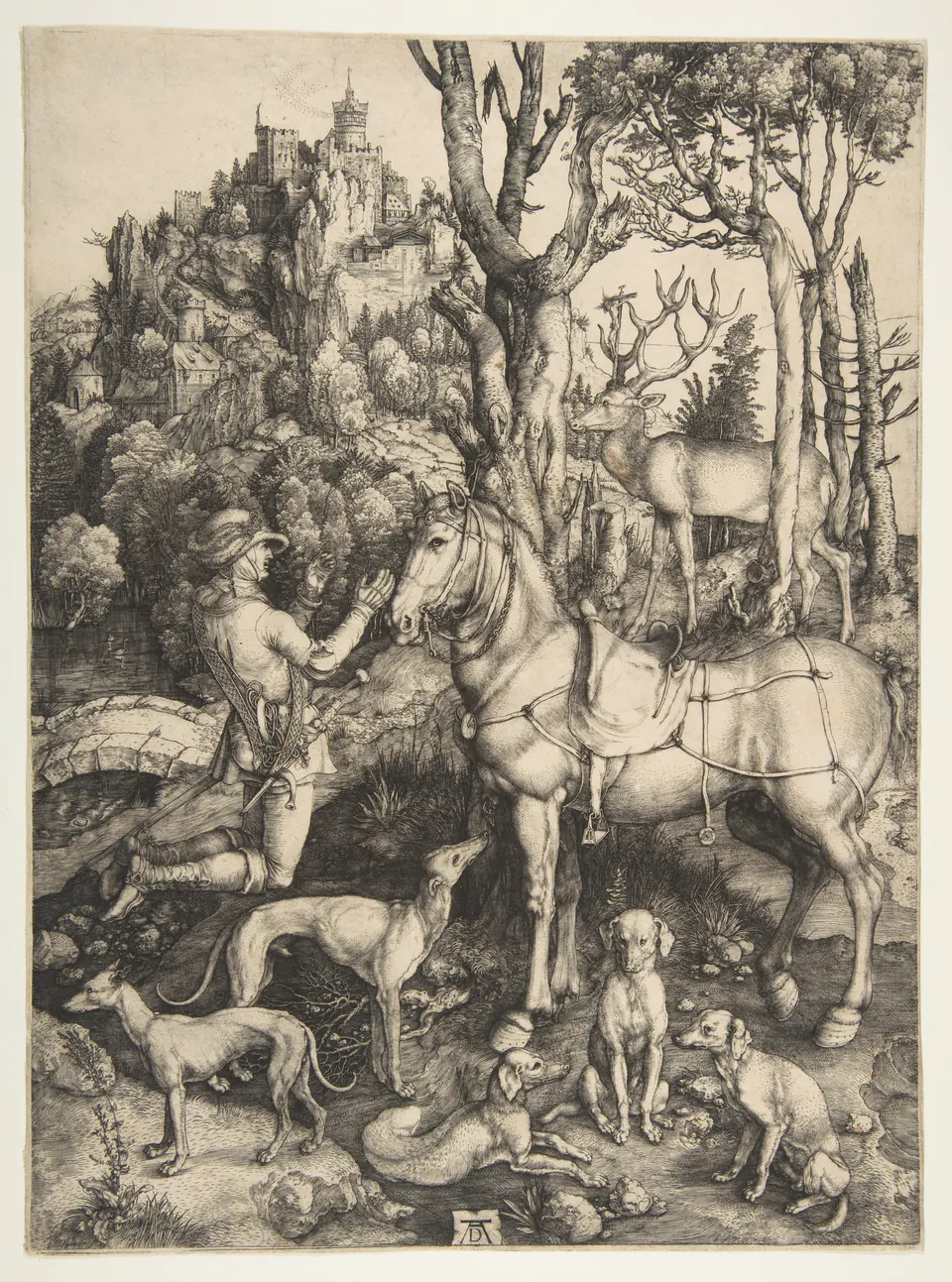 Saint Eustace kneeling before a stag while horses and hunting dogs fill a rocky landscape