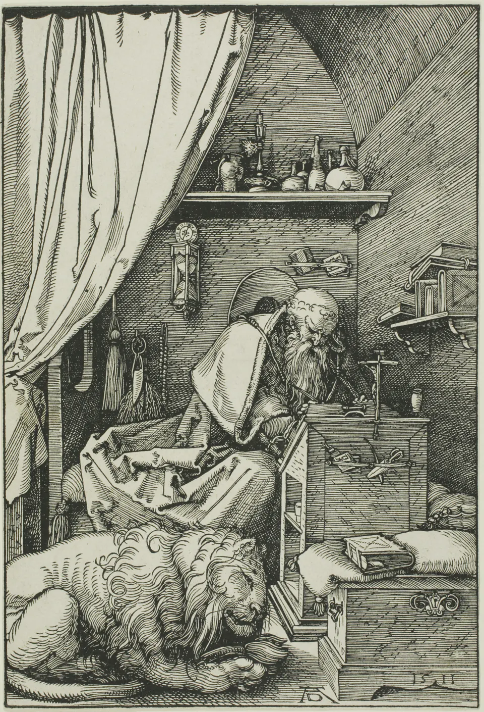 Saint Jerome working at a desk inside a narrow cell in a vertical Dürer woodcut