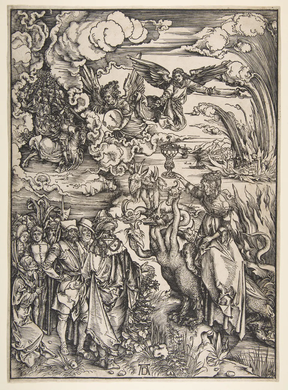 The crowned Whore of Babylon seated on a many-headed beast amid crowds and angels in Dürer’s woodcut