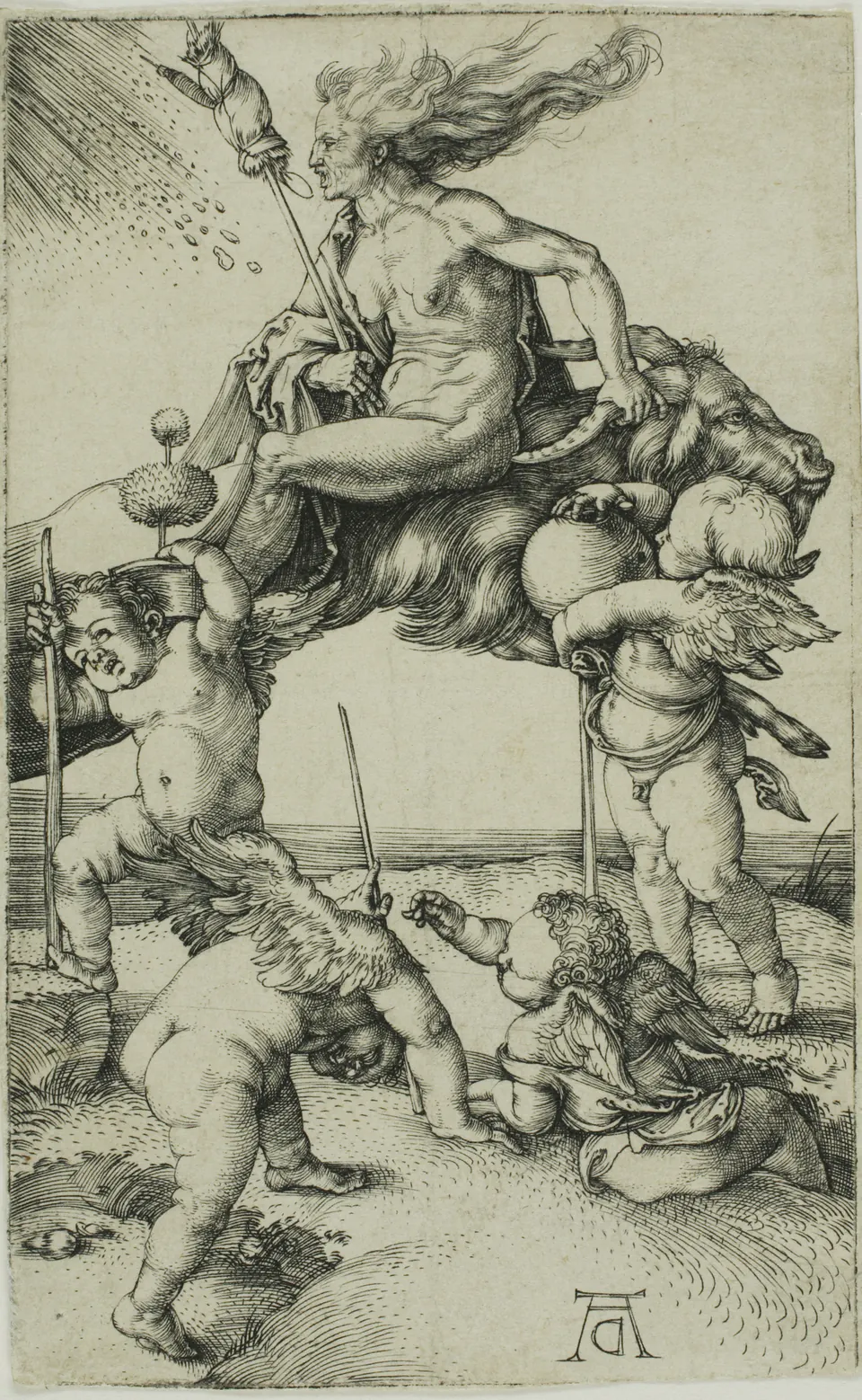 A witch riding backwards through the air on a goat in a small engraving by Dürer