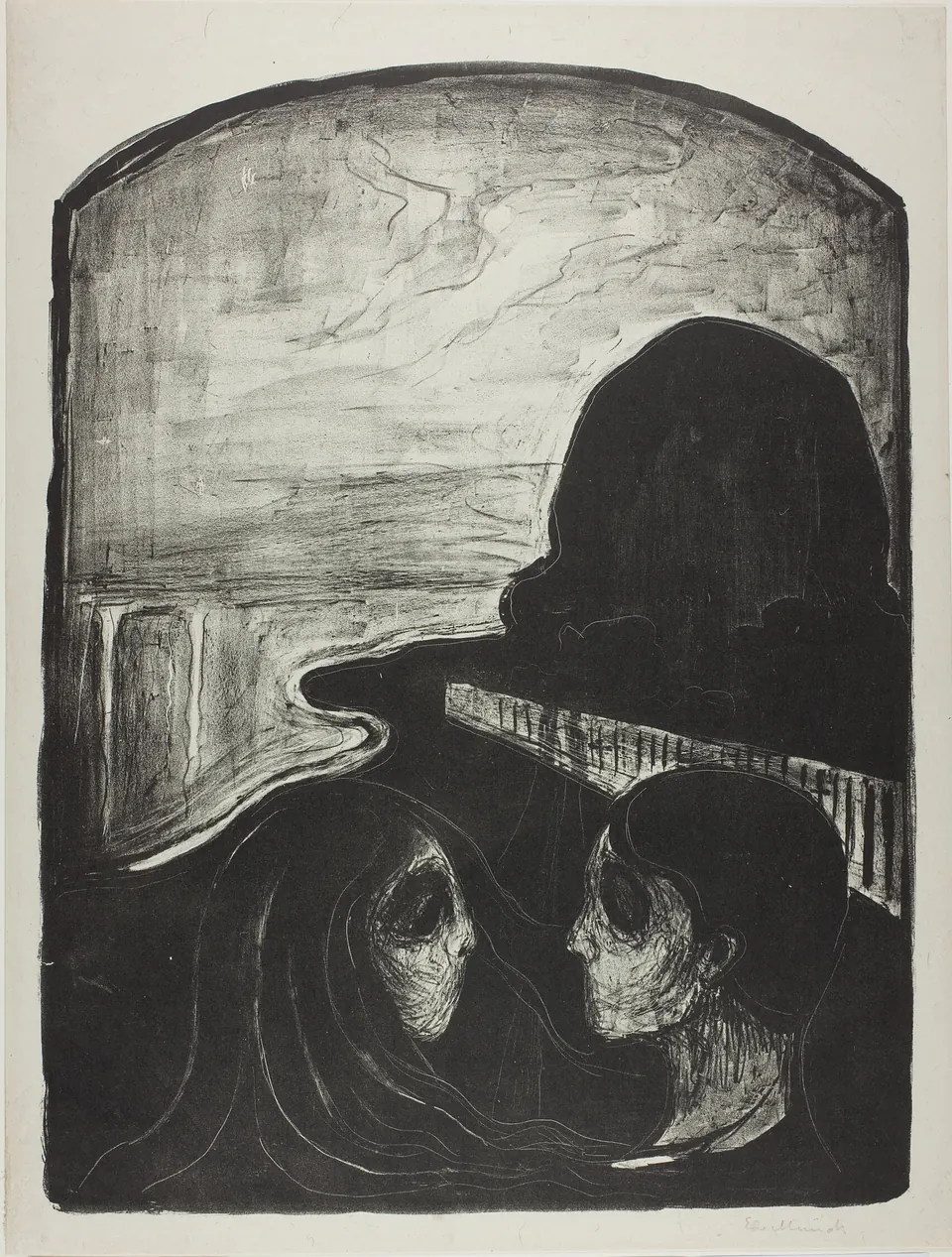 Two faces draw close in Munch’s lithograph Attraction I