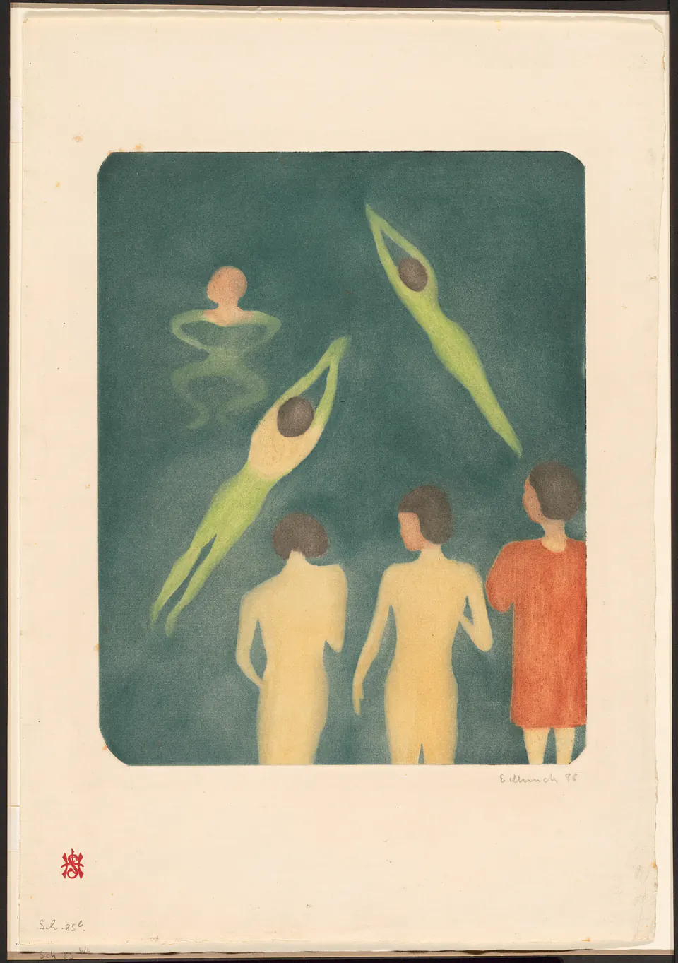 Bathing figures arranged vertically in a color aquatint