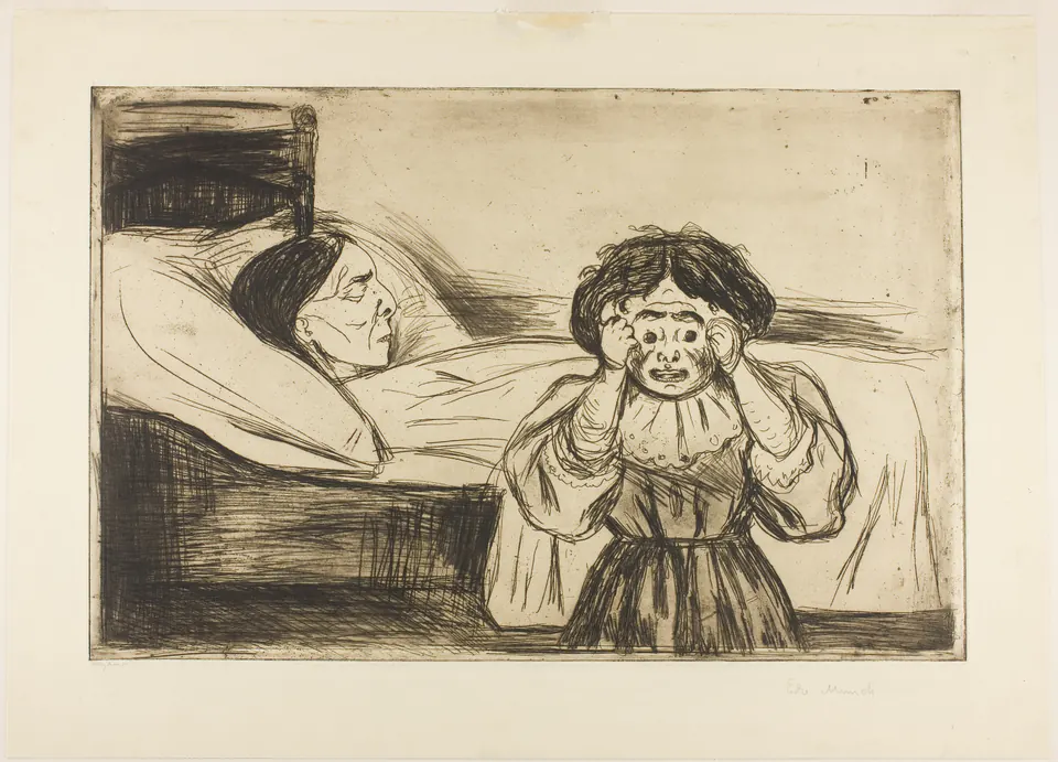 A child covers her ears before a bed in a black print