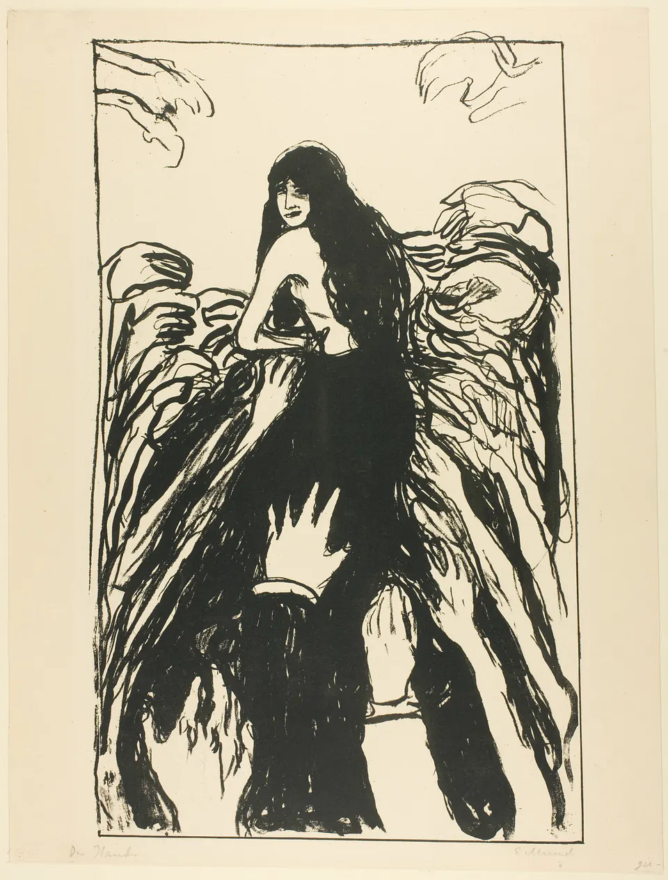 Many hands reach toward a woman in a dark lithograph