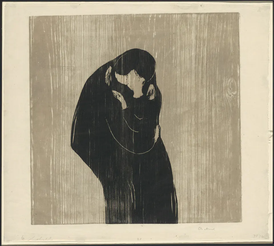 Two figures merge in the dark shape of Munch’s The Kiss IV