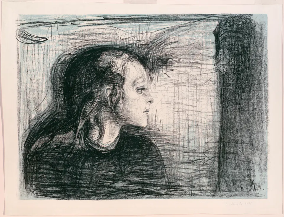 A child’s head rests against a pillow in Munch’s colour lithograph