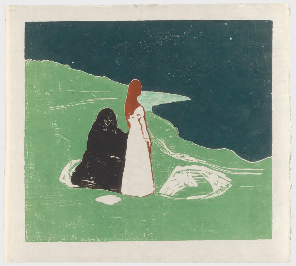 Two women stand on a dark shoreline in a color woodcut
