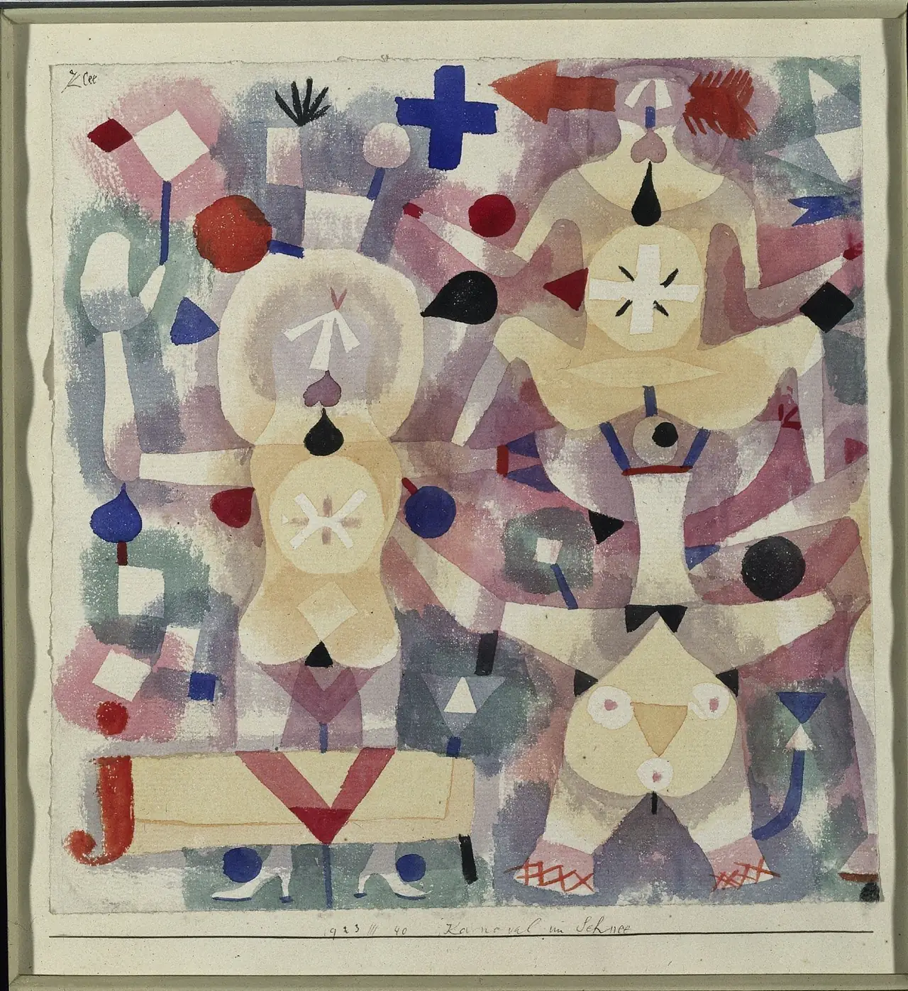 Pale angular figures and coloured signs fill Klee’s Carnival in the Snow; the supplied mount and outer frame remain visible.