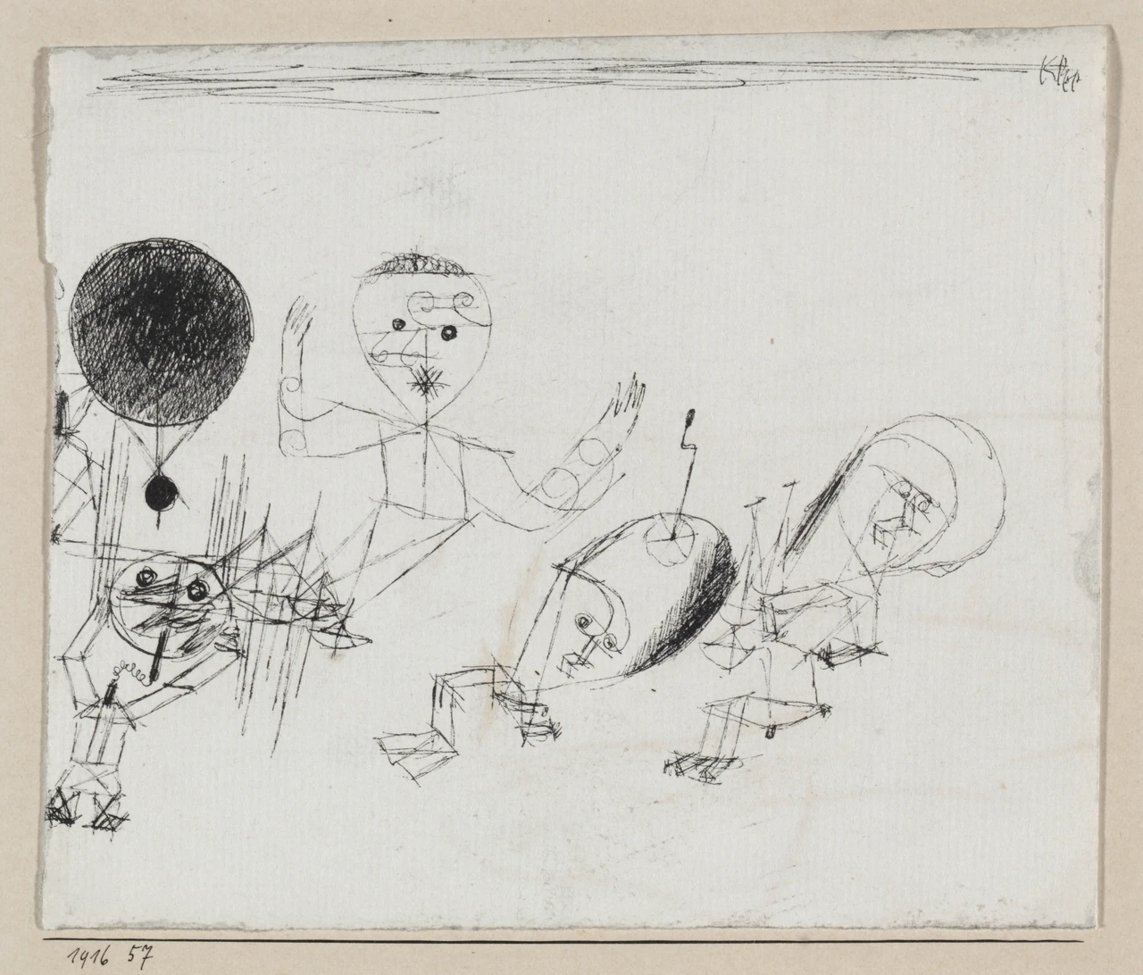 Thin black lines form unstable human figures beside a large dark circle in Paul Klee’s With the Dot.