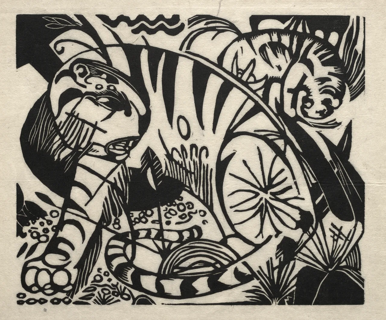 A tiger’s stripes and surrounding plants interlock in a black-and-white woodcut