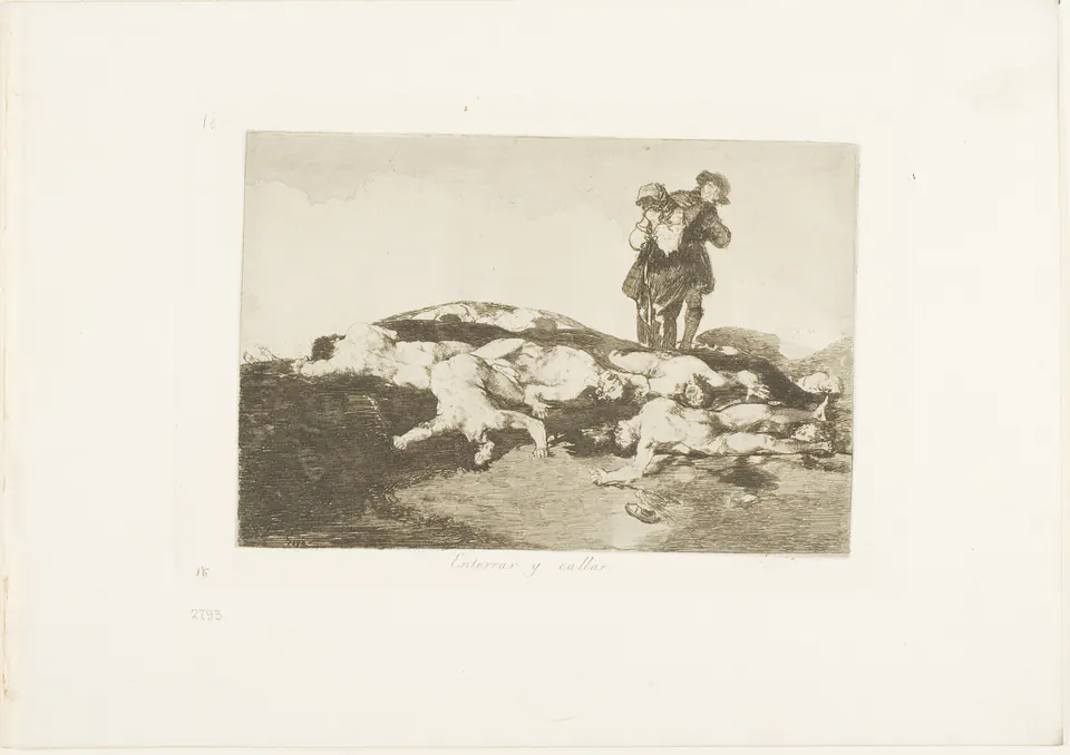 Figures bent over bodies in a bleak landscape in Goya’s Bury Them and Keep Quiet