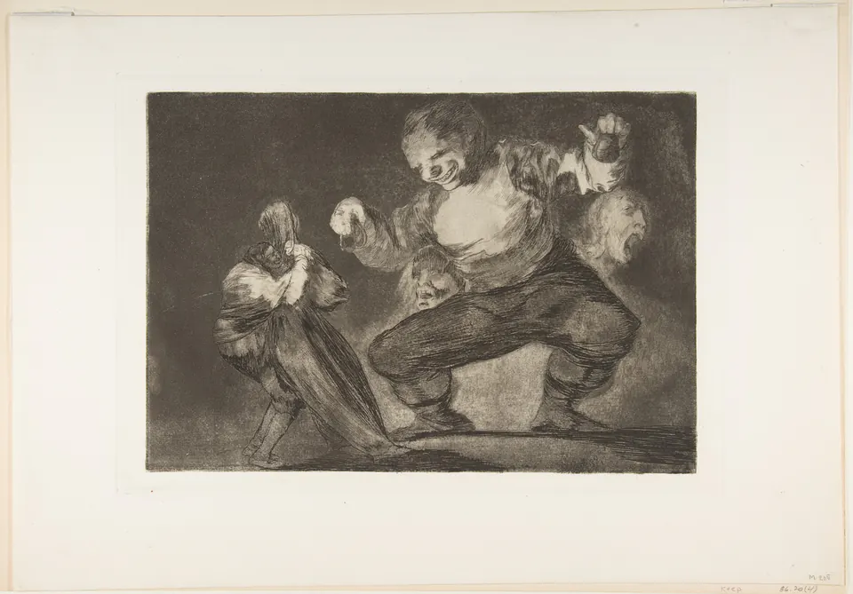 A towering figure dancing above a shadowy crowd in Goya’s Dancing Giant