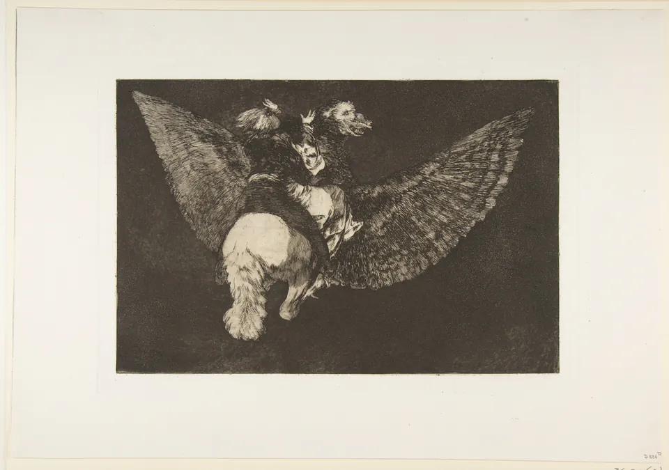 A man and woman carried through a dark sky on a strange flying creature in Goya’s Flying Folly