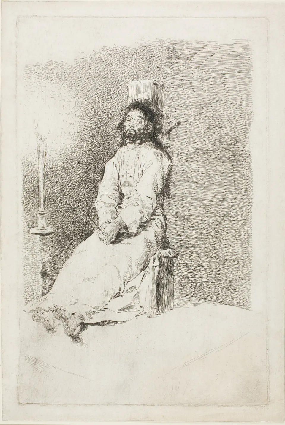 A dead man seated against a post after execution by garrote in Goya’s early etching