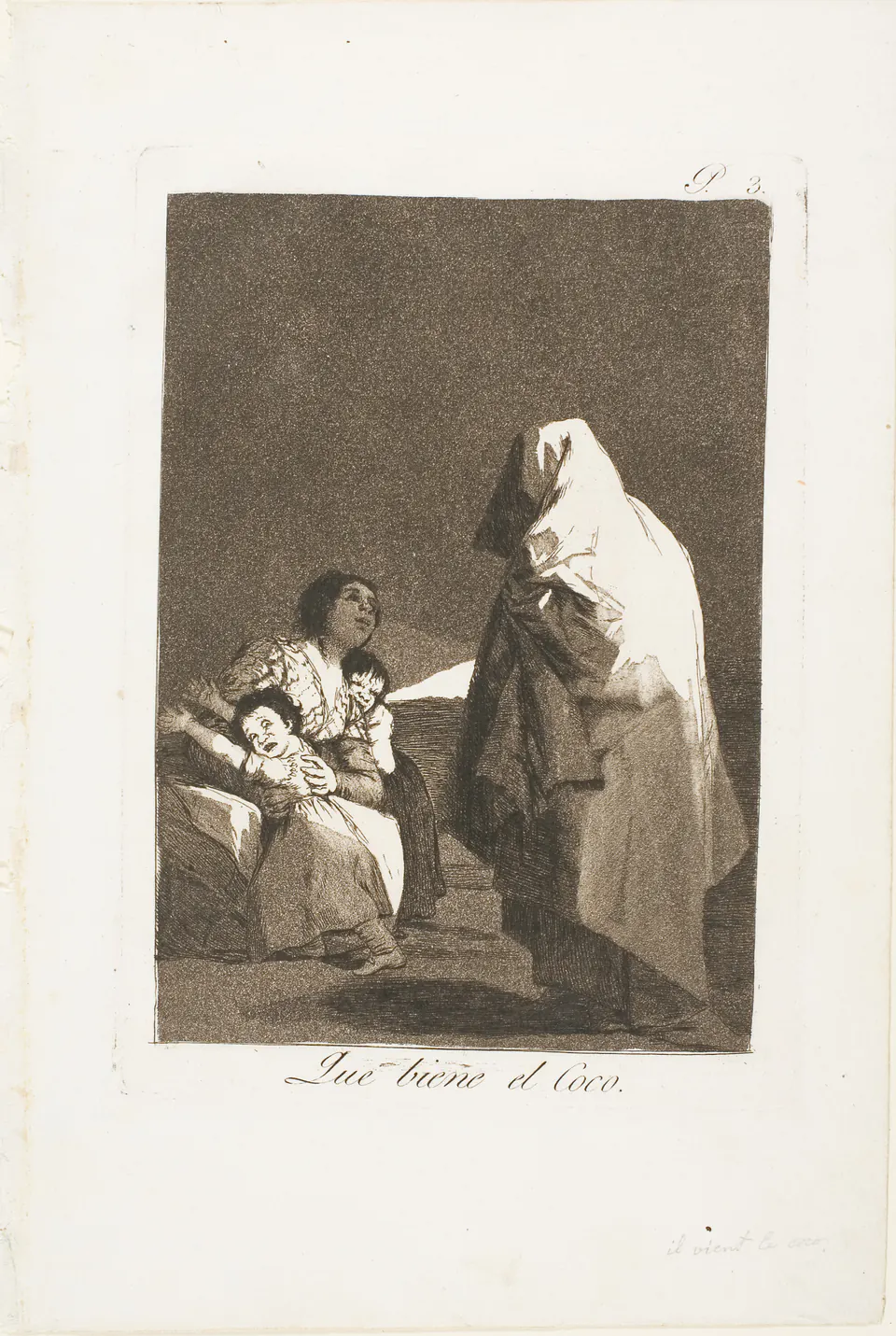 A cloaked bogeyman looming over a woman and frightened children in a Goya aquatint