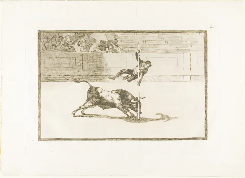 Juanito Apiñani vaulting above a charging bull in Goya’s Tauromaquia