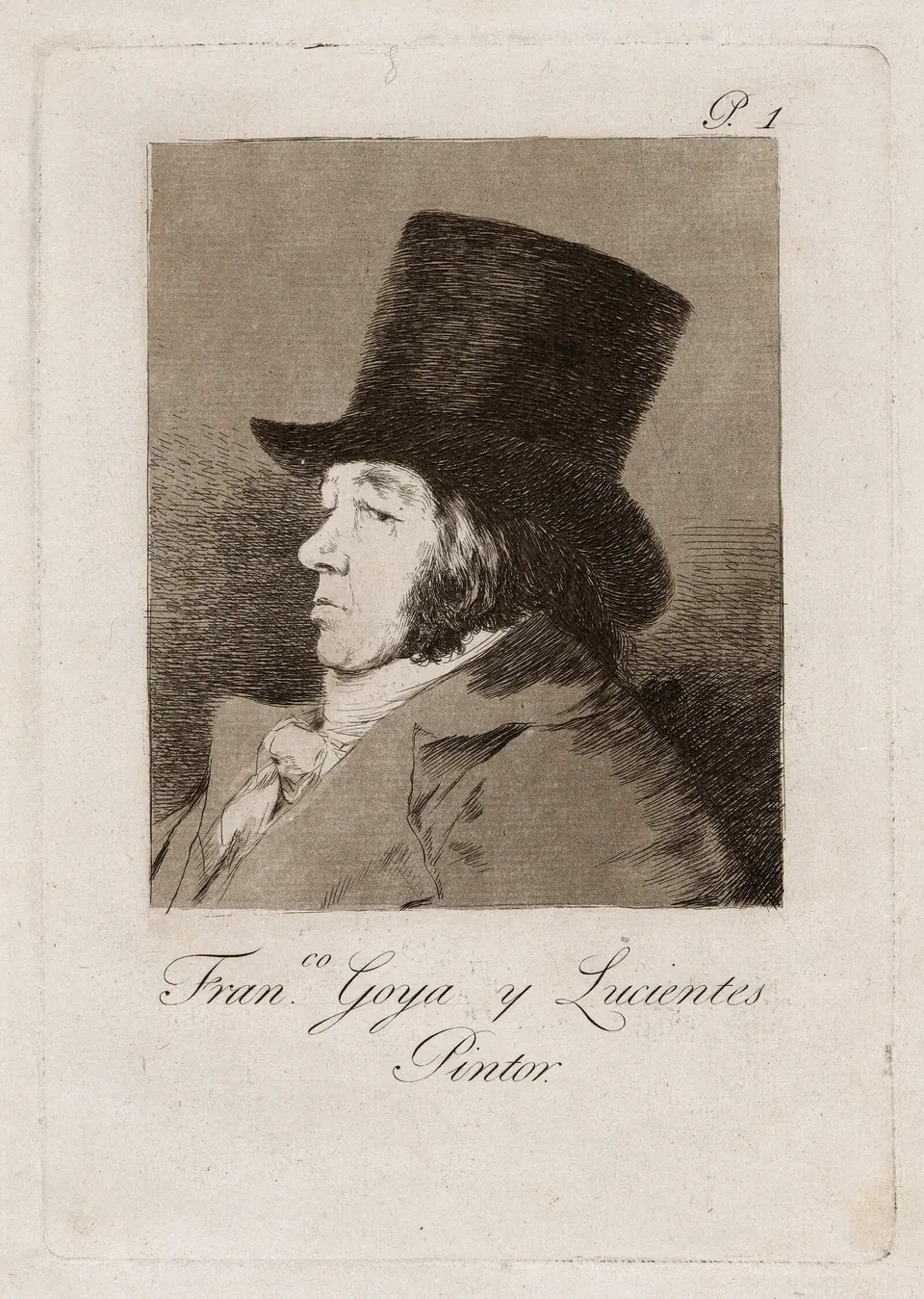 Goya shown in profile wearing a tall hat in the first plate of Los Caprichos