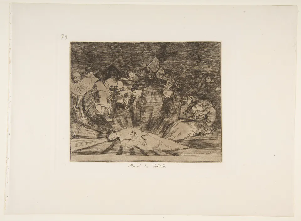 An allegorical woman lying dead as robed figures gather in Goya’s Truth Has Died