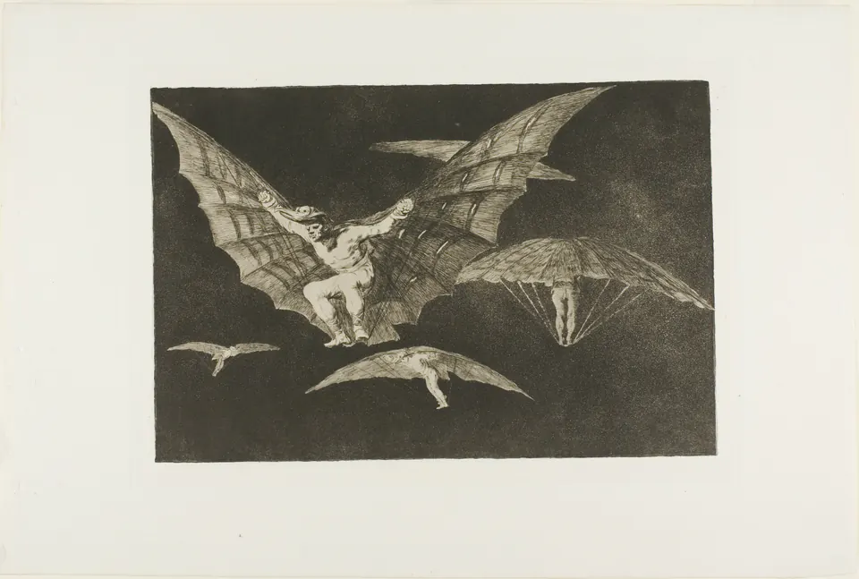 Men flying through darkness on winged contraptions in Goya’s Disparates