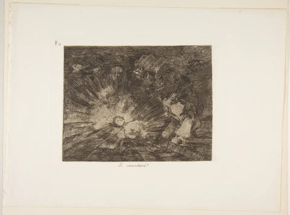 A radiant female figure beginning to rise before shadowed opponents in Goya’s final Disasters of War plate