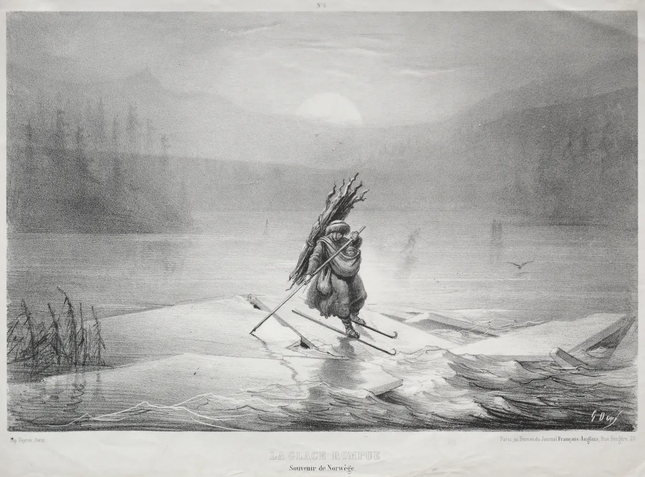 Two travellers cross a broken sheet of ice beneath a pale sun