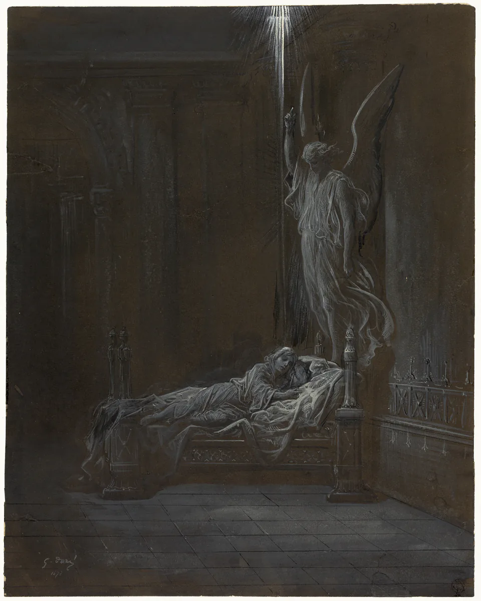 The young Samuel looks upward in a tall brown-and-white wash drawing