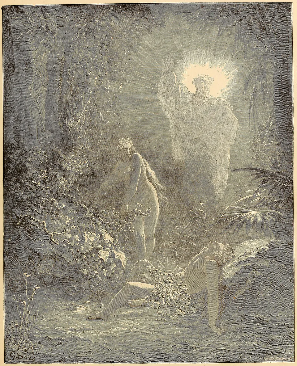 Eve rises from sleeping Adam as a luminous divine figure appears in a forest