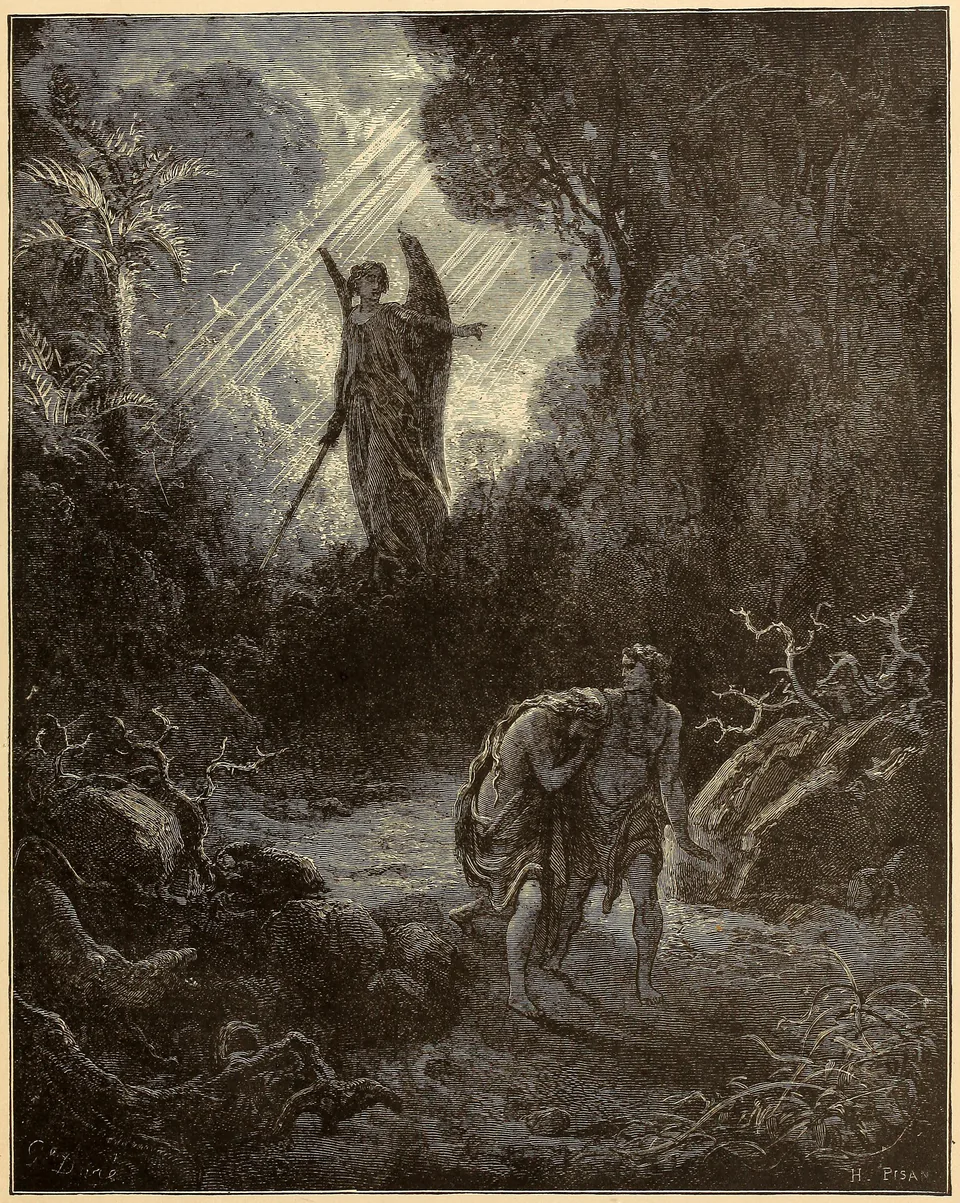 Adam and Eve flee the Garden beneath an angel and a burst of light