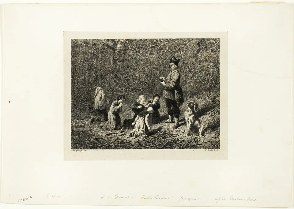 A satirical black-and-white print by Charles Émile Jacque after Gustave Doré