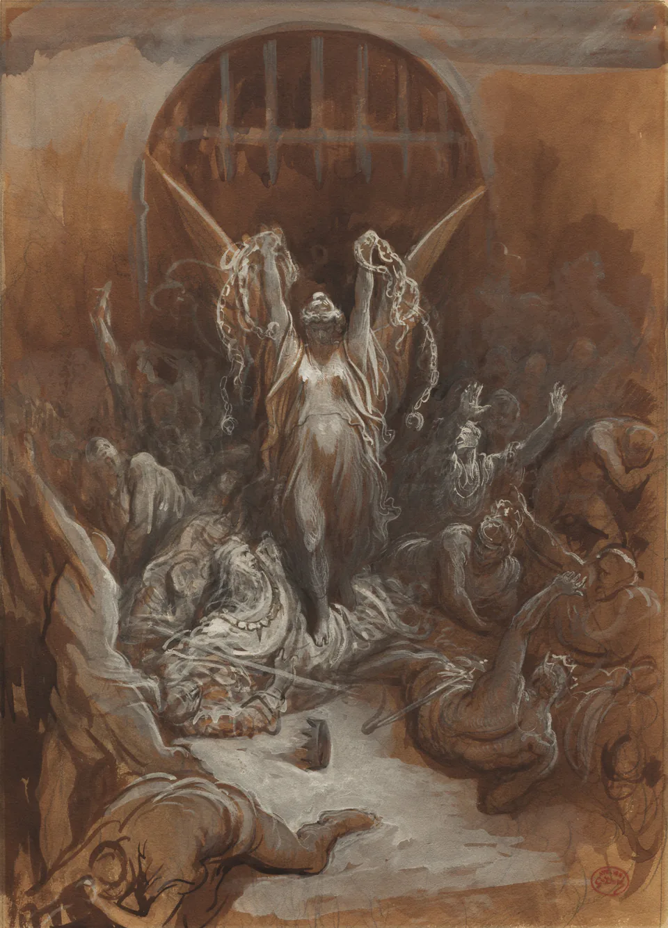 Liberty raises broken chains above defeated figures in a brown-wash drawing