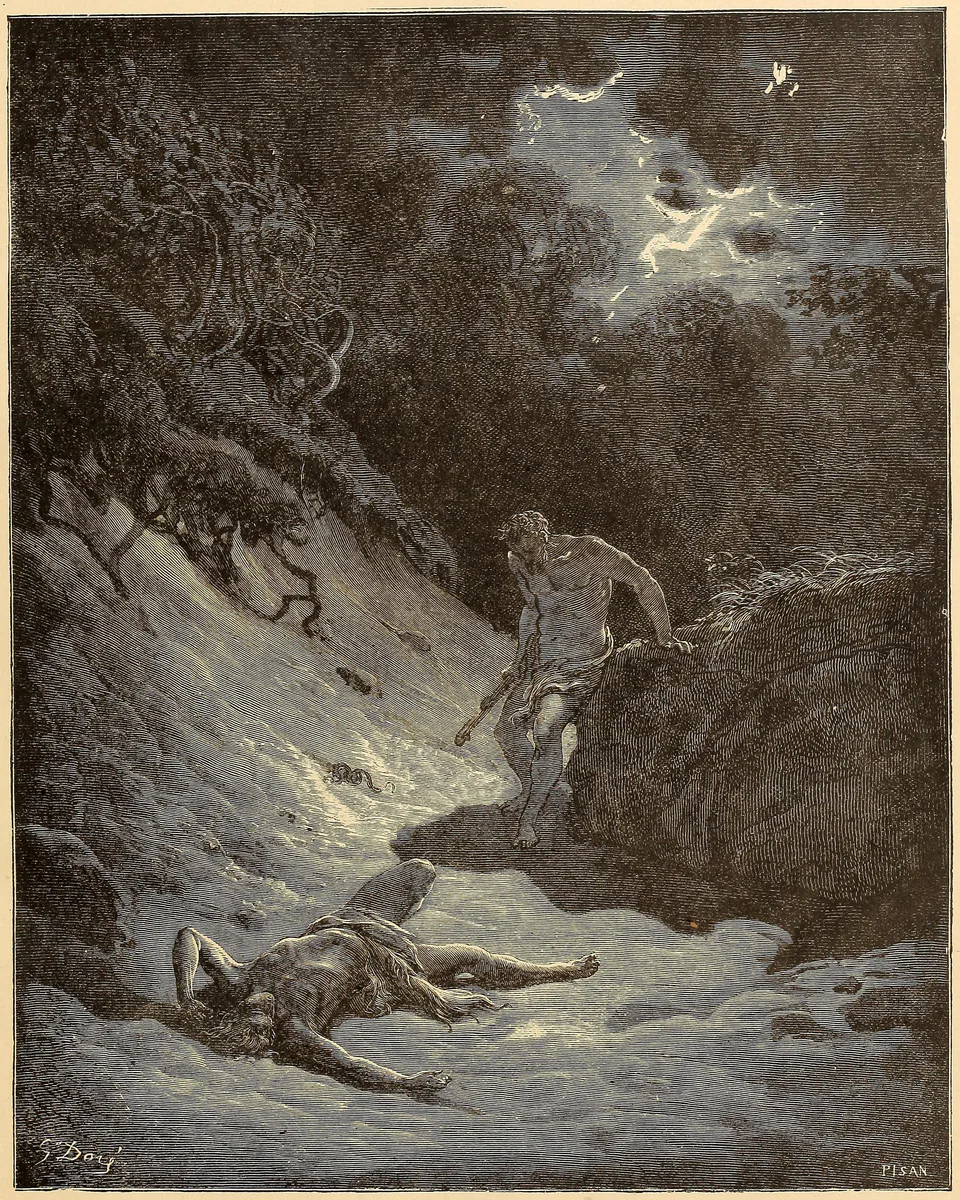 Cain stands over Abel in a dark, rocky landscape