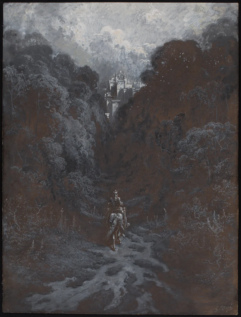 Sir Lancelot rides toward the distant Castle of Astolat in a vertical watercolour drawing