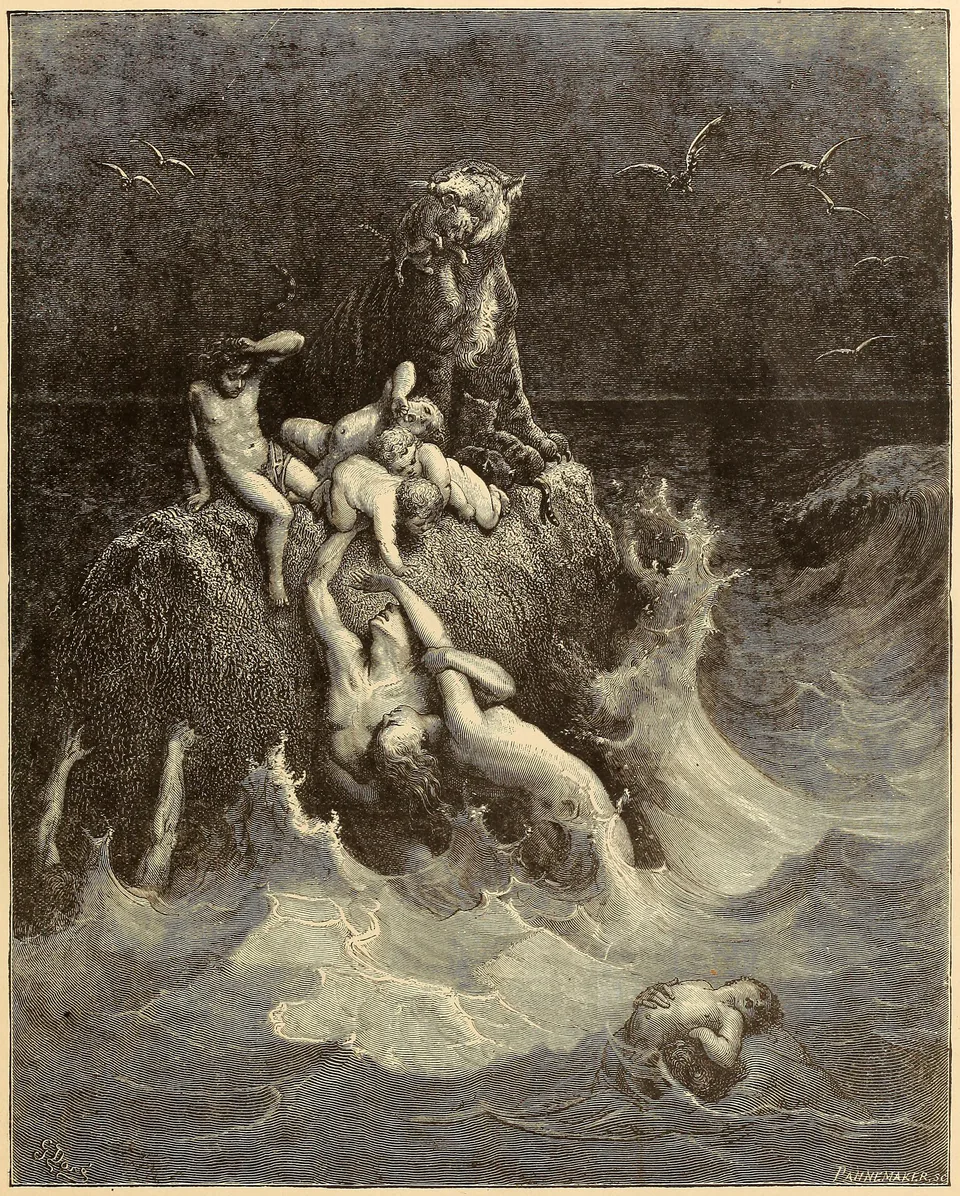 People and animals cling to the last rocks above rising flood water