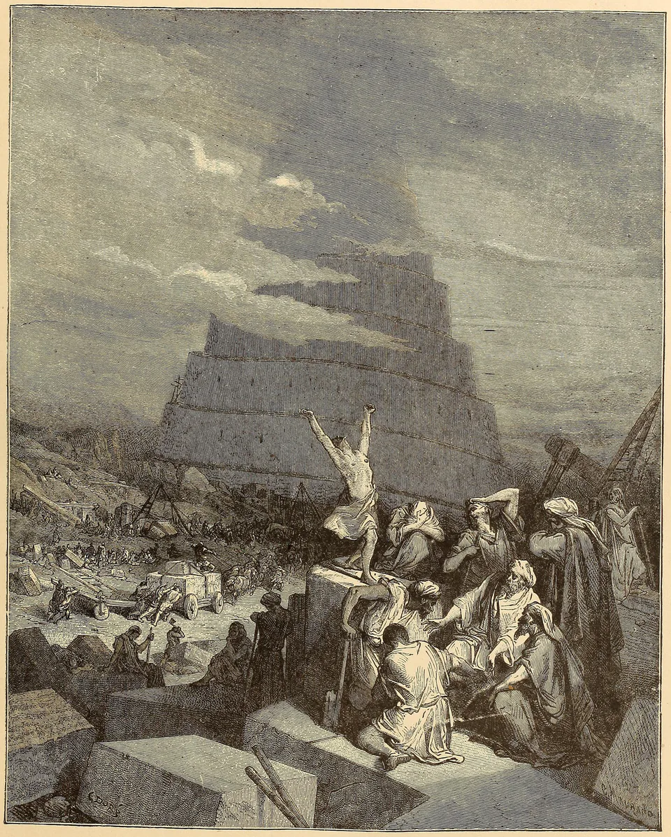 The immense spiralling Tower of Babel rises above workers and ancient buildings