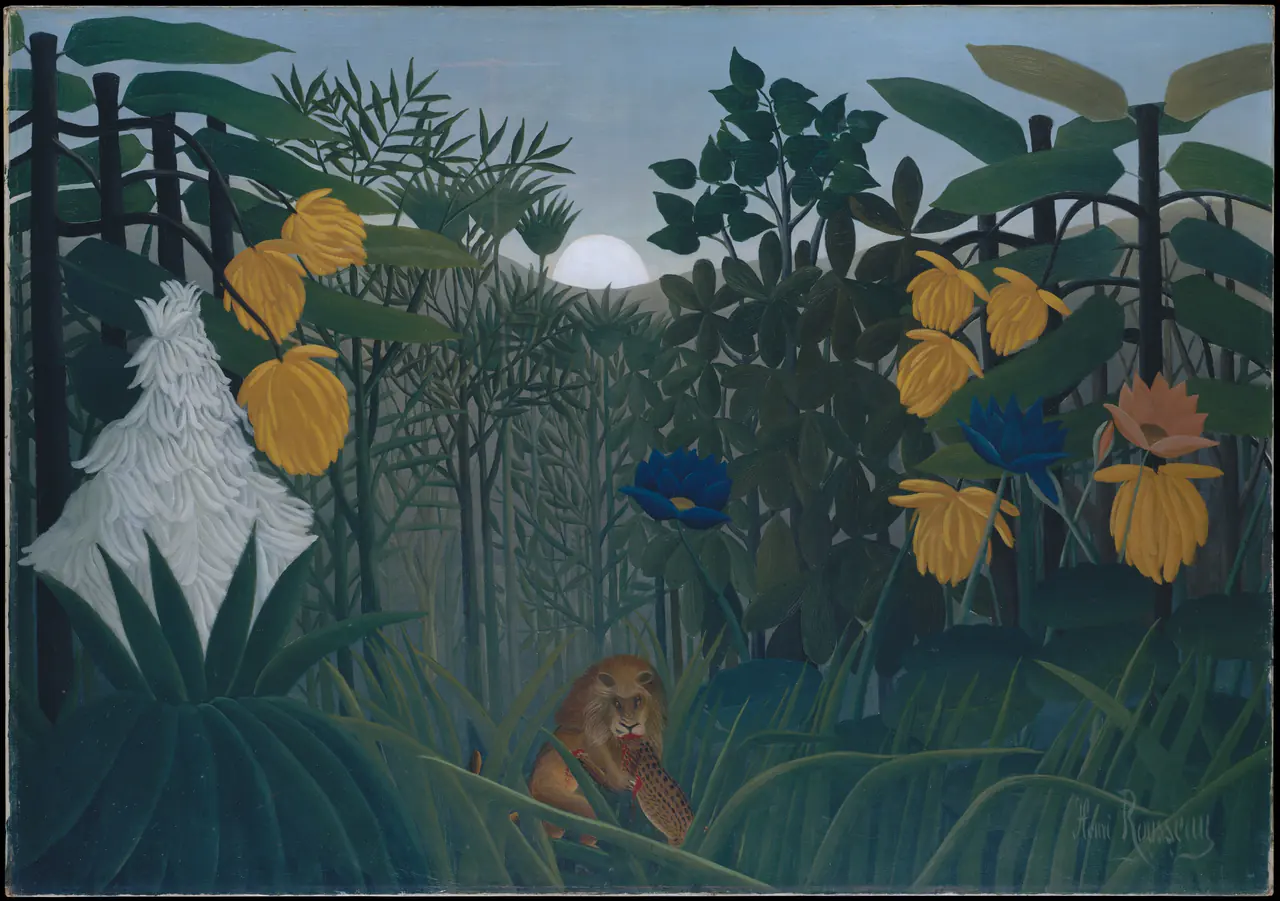 A lion feeds among oversized flowers and dense leaves in Rousseau’s jungle painting