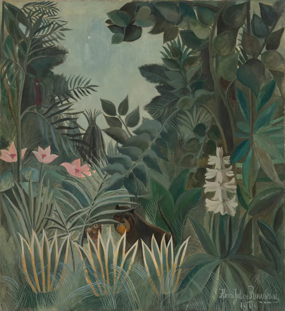 Two animals peer through a wall of leaves and oversized flowers in an equatorial jungle