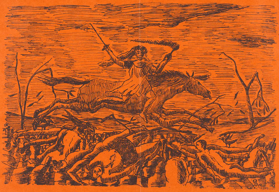 A sword-bearing rider crosses a field of fallen figures in Rousseau’s orange-ground lithograph La Guerre