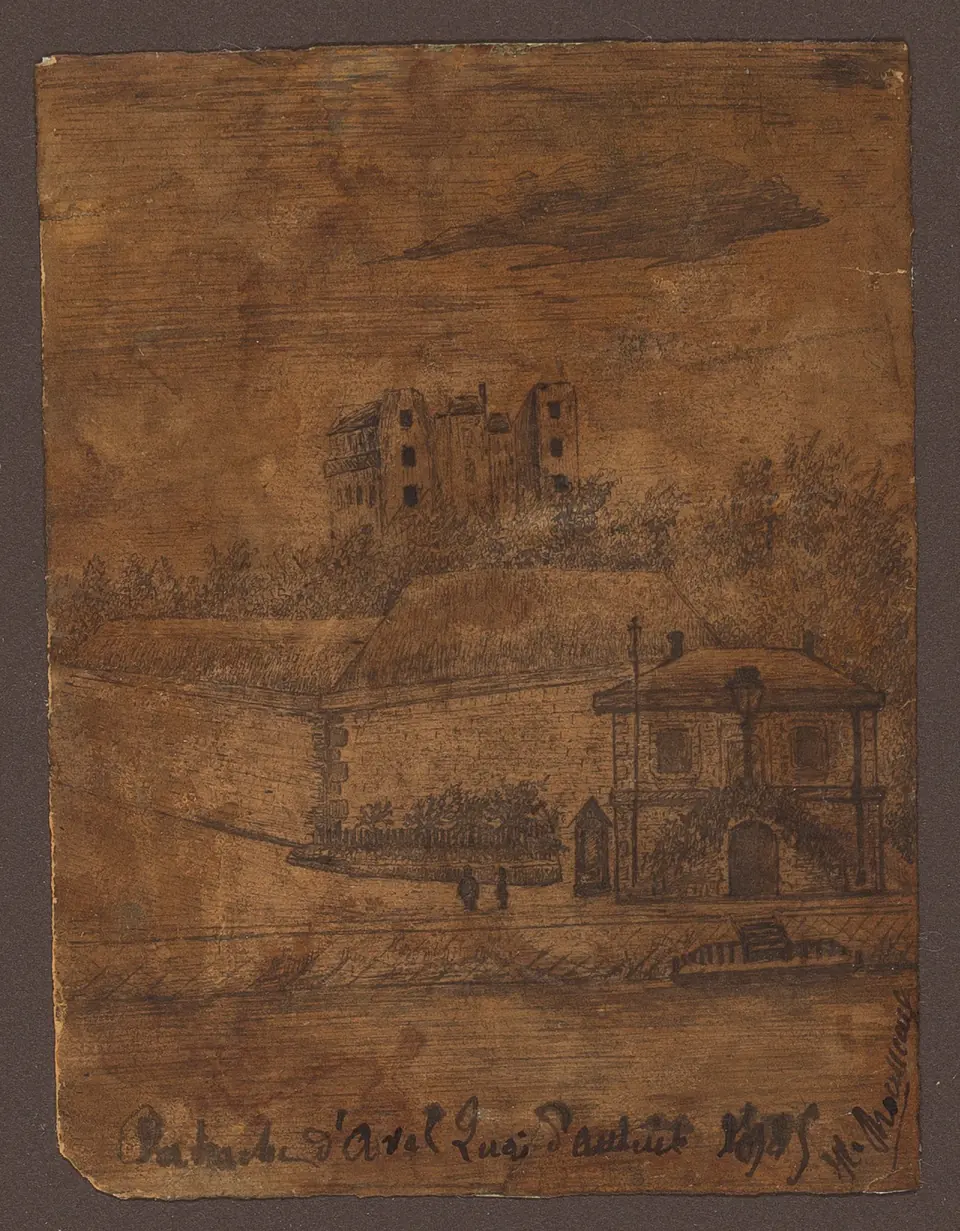 A vertical ink-and-watercolour view looks across the Auteuil quay and river