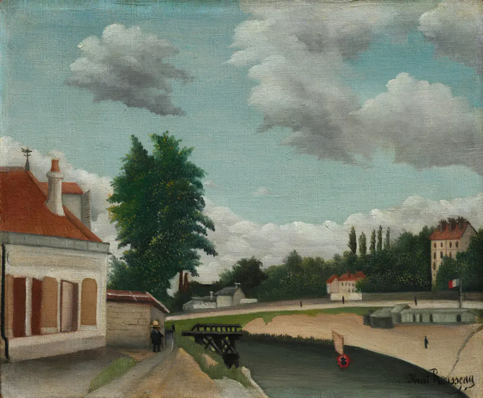 Small figures walk between trees and modest buildings on the outskirts of Paris