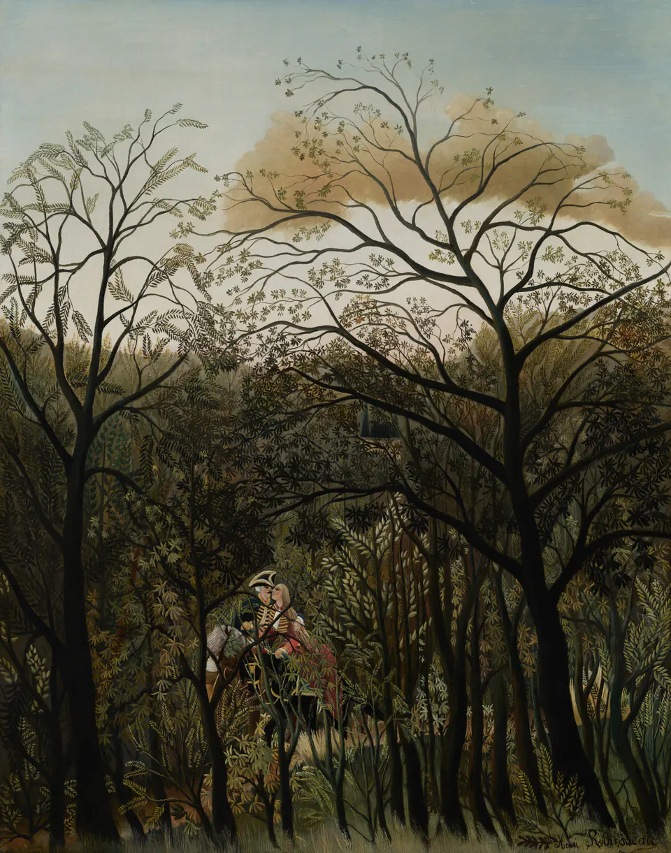 Two riders embrace behind a dense screen of branches in a forest