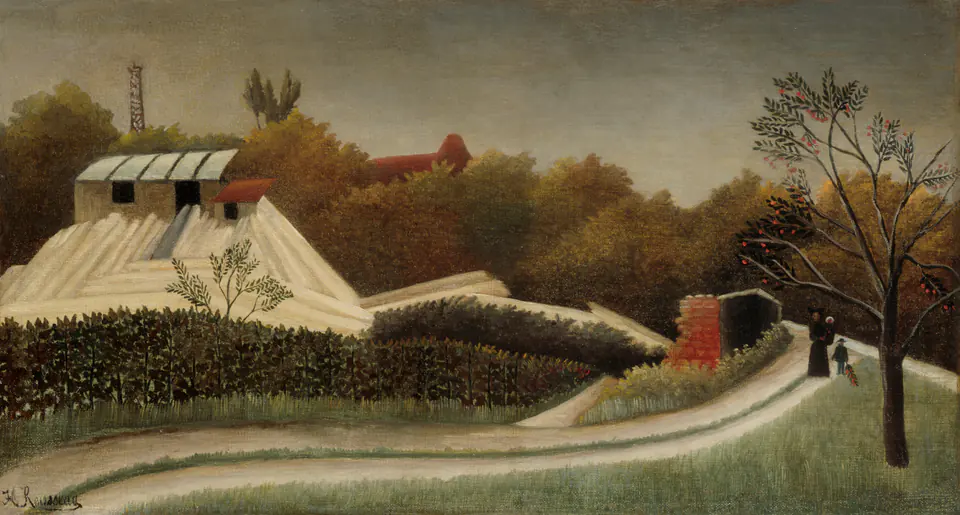 A sawmill and stacked timber sit beside a pale suburban road outside Paris