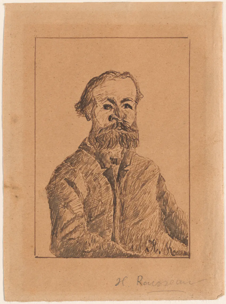 Henri Rousseau faces forward in a small brown-ink self-portrait drawing