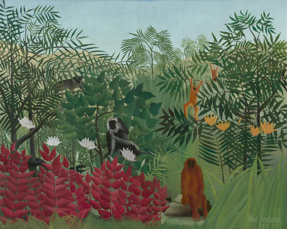 Five monkeys play and fish among dense tropical leaves and orange flowers