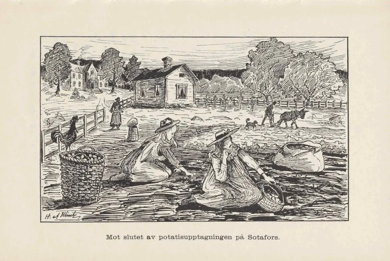 Two girls sit between a full potato basket and a sack; farm buildings, trees, a chicken and working figures fill the scene behind them.