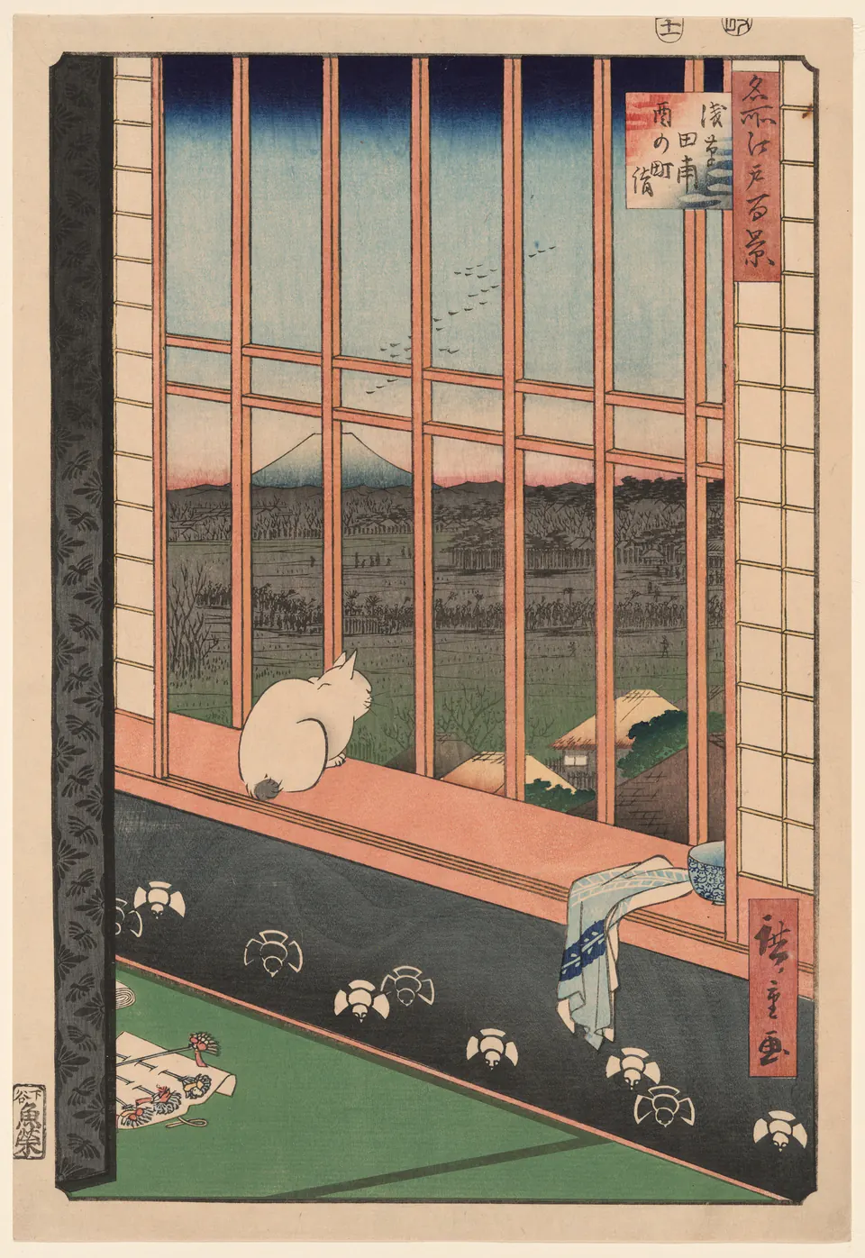 A white cat looking from a window across Asakusa rice fields toward distant Mount Fuji