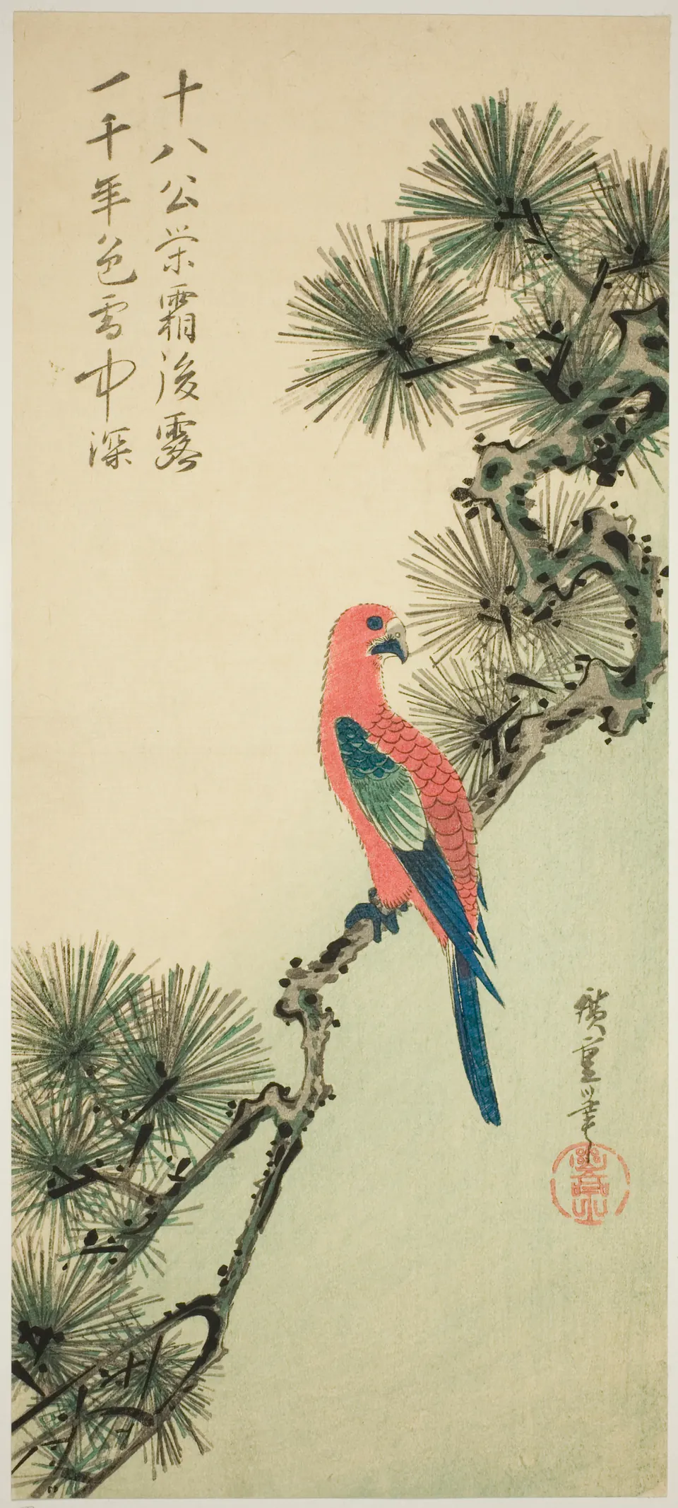 A long-tailed macaw perched vertically on a pine branch in a narrow Hiroshige print