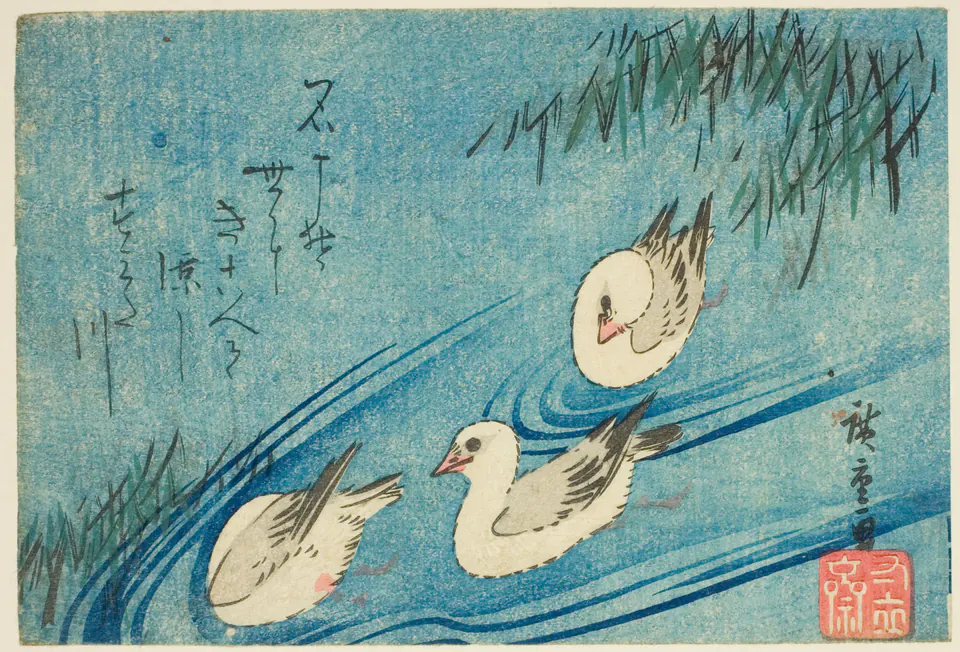 Oystercatchers gathered along a spare shoreline in a compact colour print by Hiroshige